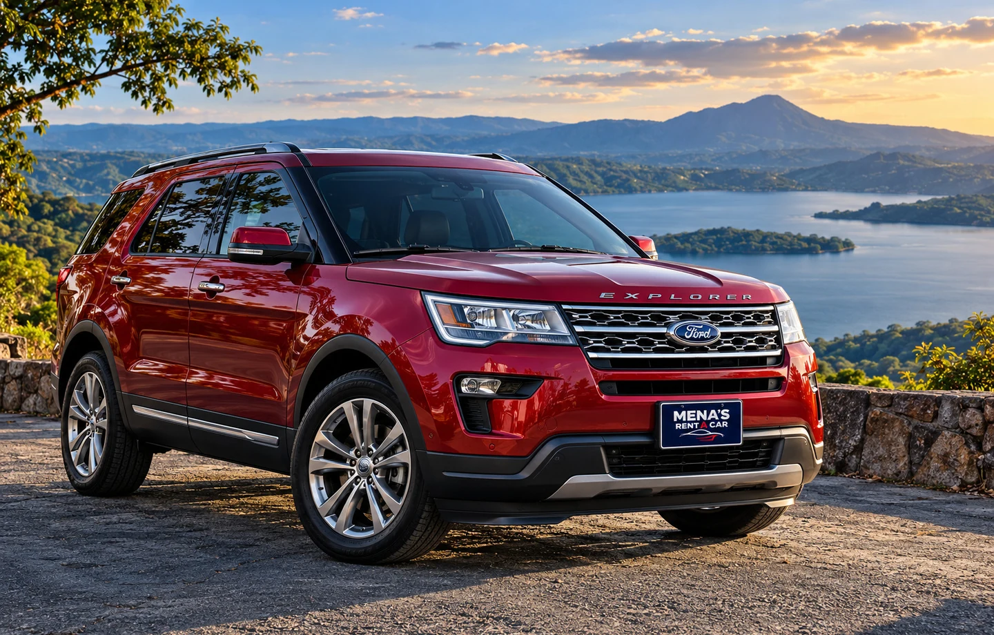 Ford Explorer 2019 roja, fotografía publicitaria ilustrativa generada digitalmente con paisaje inspirado en El Salvador y placa de Mena's Rent a Car